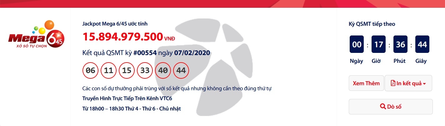 Kết quả xổ số Vietlott Mega 6/45 tối ngày 9/2/2020 mới nhất: 