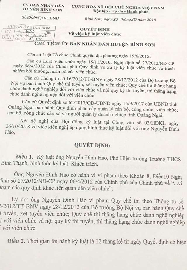 Bình  Sơn:Kỷ luật hàng loạt cán bộ vụ 